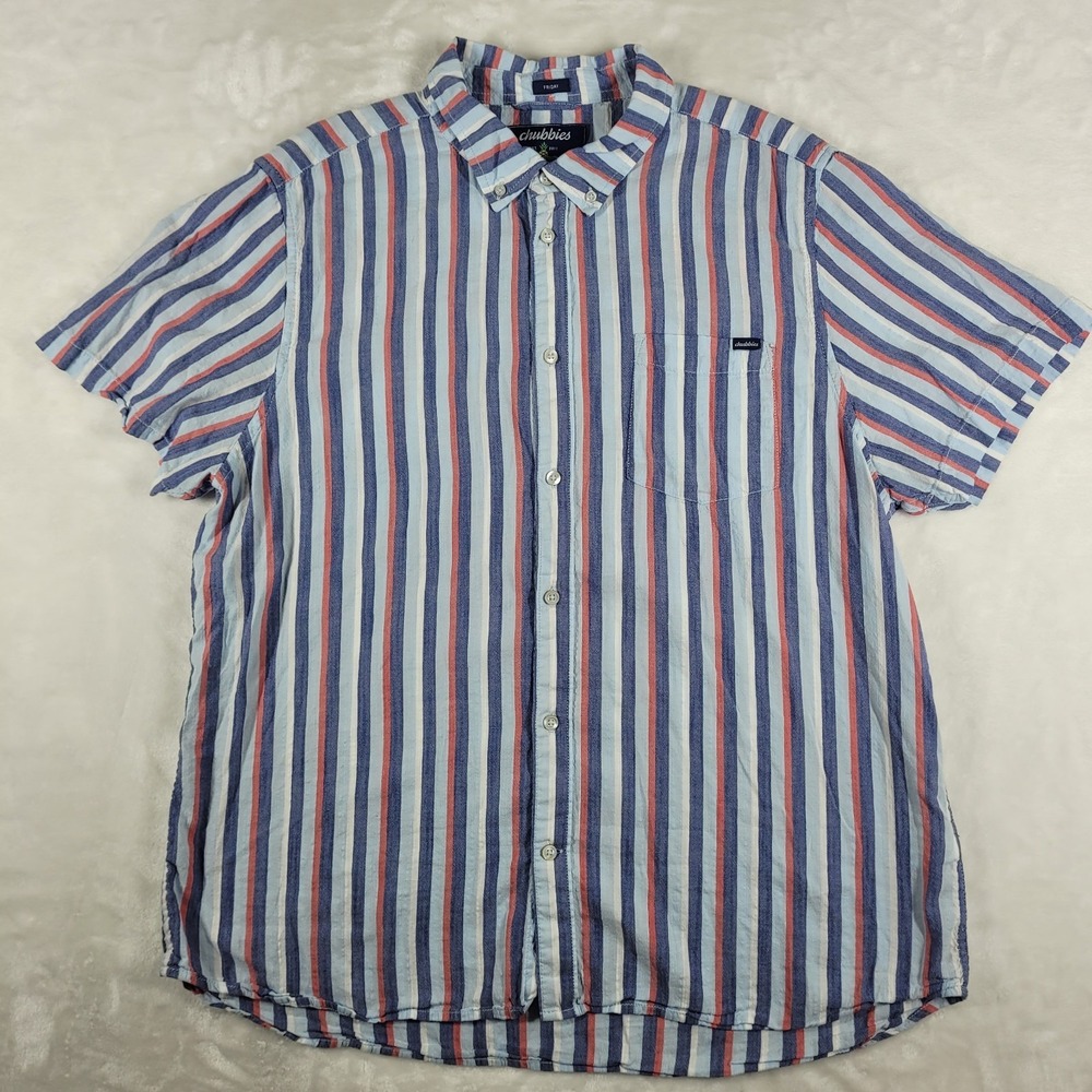 Chubbies Short Sleeve Button Down Shirt Men's XL Blue Red Striped Friday Casual